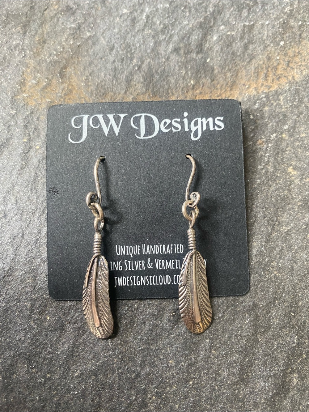 JW Designs Antique Silver Feather Dangle Earrings
